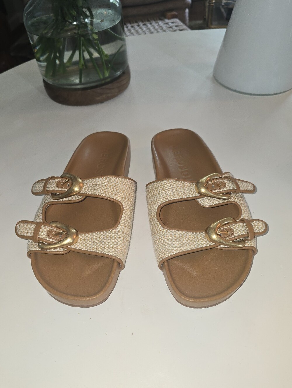 EUC Aerosoles Link Raffia Double Buckle Slide Sandals - Women's Size 8.5